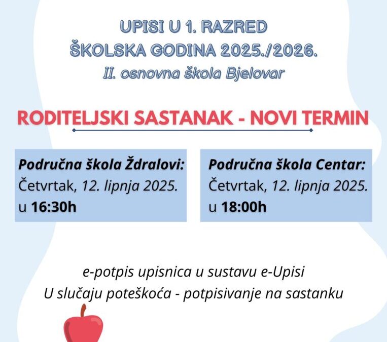 VAŽNO: promjena termina sastanka za roditelje budućih prvašića